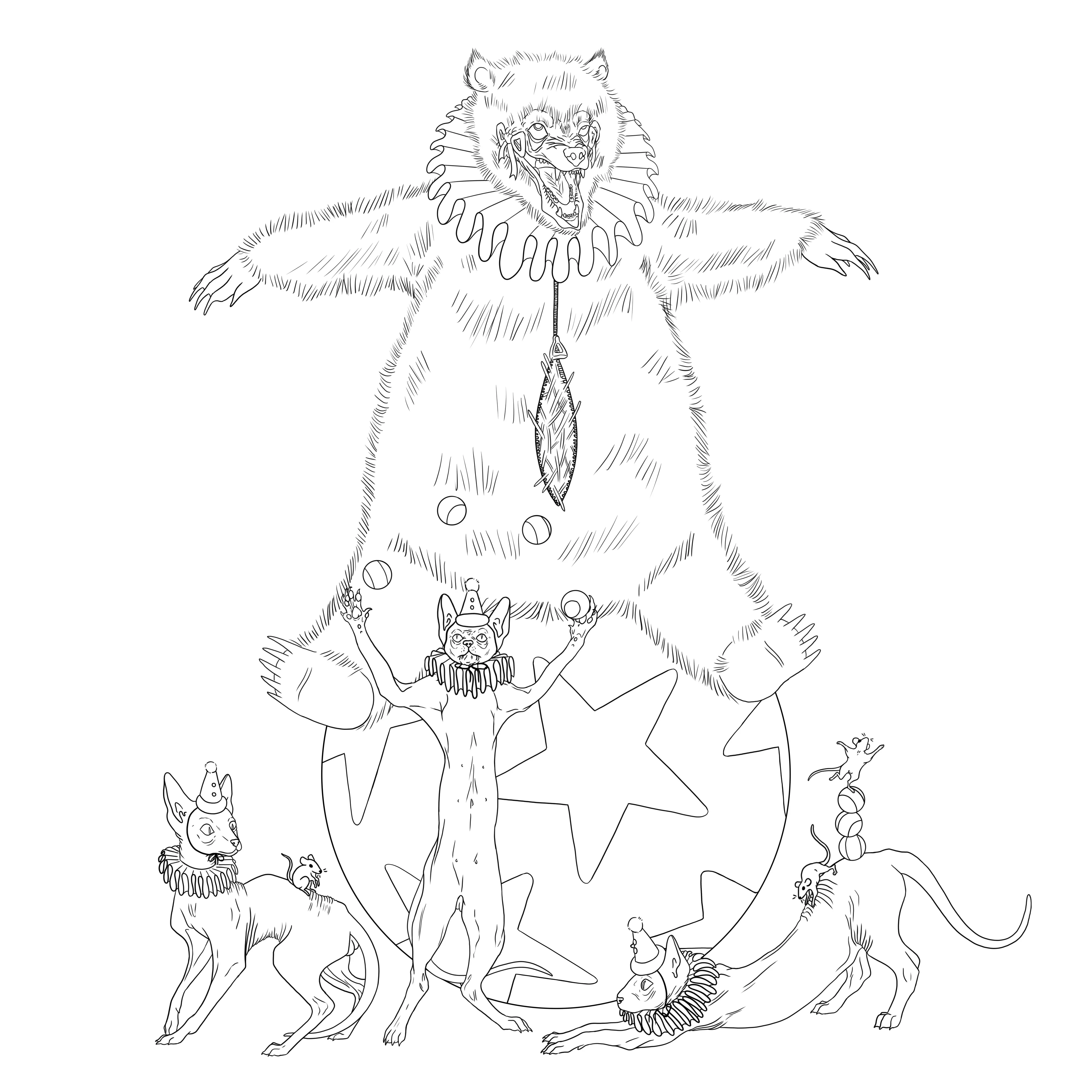 un cirque avec un ours en paillet et 3 chat